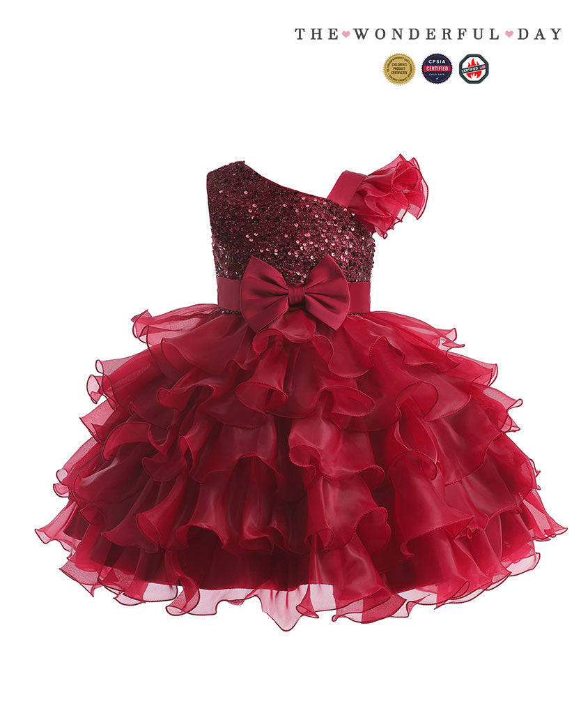 Rainbow Blue Gradient One Shoulder Heart Embroidery Tier Ruffle Dress
