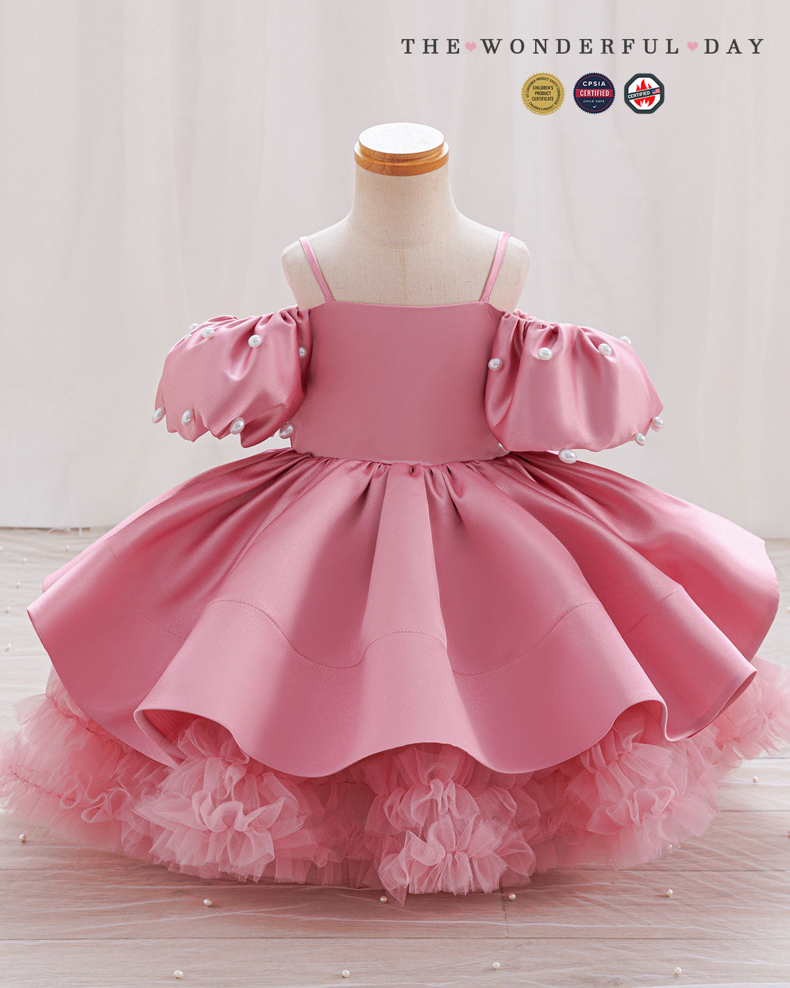 Girls Elegant Pearl Off-Shoulder Puff Sleeve Tulle Party Dress