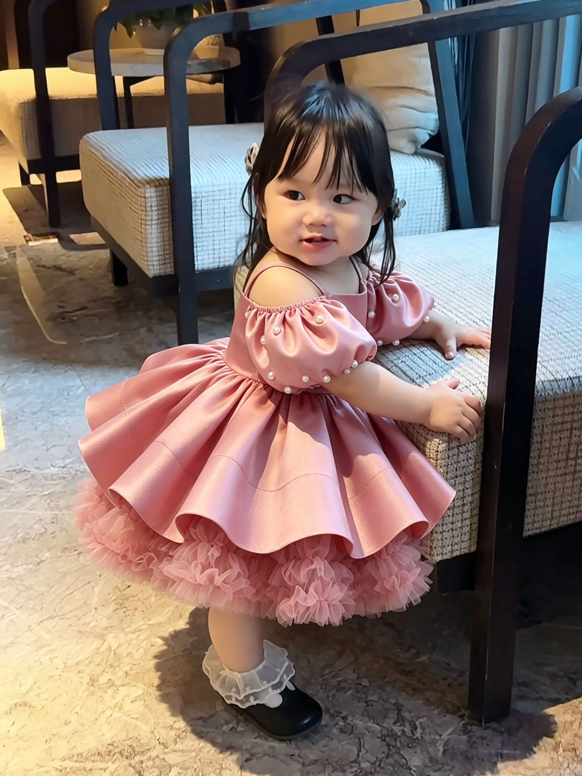 Girls Elegant Pearl Off-Shoulder Puff Sleeve Tulle Party Dress