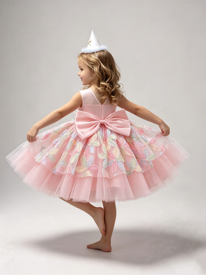 Pastel Pink Round Neck Colorful Floral Appliqué Princess Gown
