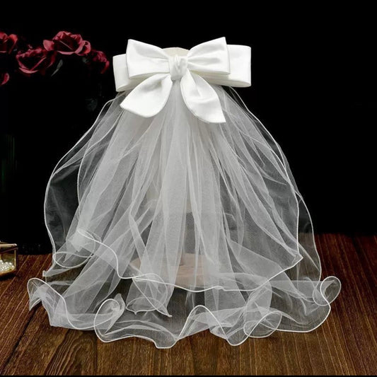 Girls Pure White Bow Veil Headpiece, Flower Girl Birthday Party Photo Accessory