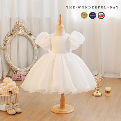 Girls Classic White Puff Sleeve Party Dress