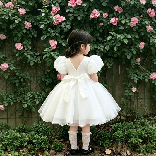 Girls Classic White Puff Sleeve Party Dress