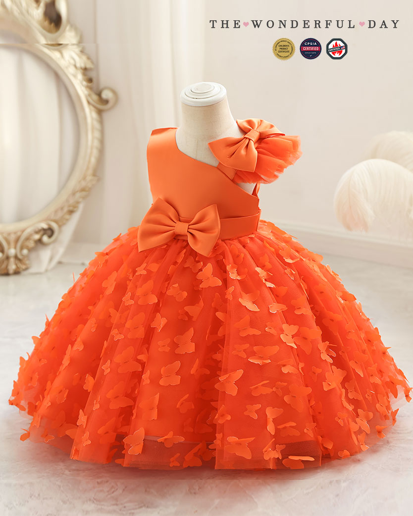 3D Butterfly Appliqué Asymmetric Sleeve Princess Dress with Waist Bow