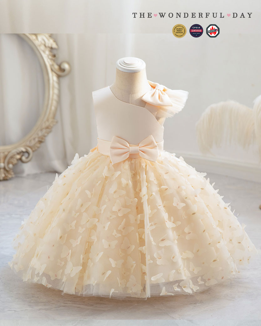 3D Butterfly Appliqué Asymmetric Sleeve Princess Dress with Waist Bow