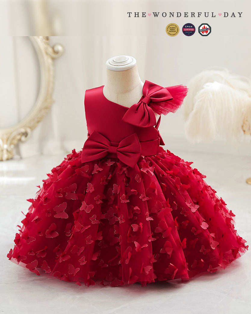 3D Butterfly Appliqué Asymmetric Sleeve Princess Dress with Waist Bow