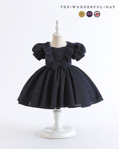 Classic Tweed Style Sparkle Puff Sleeve Princess Dress