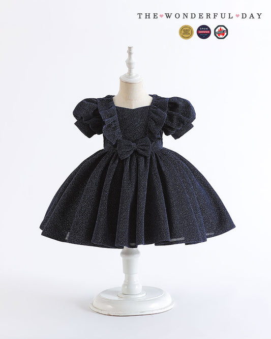 Classic Tweed Style Sparkle Puff Sleeve Princess Dress