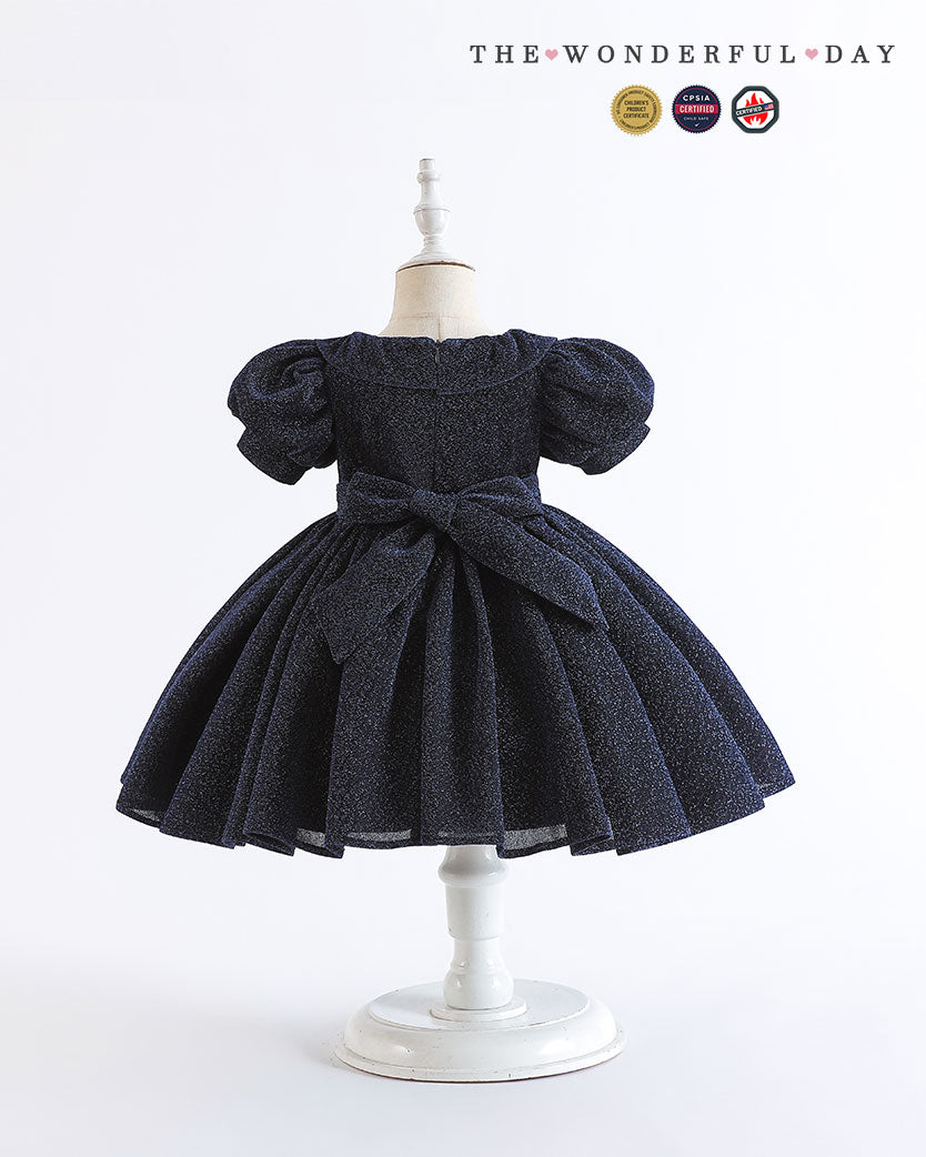 Classic Tweed Style Sparkle Puff Sleeve Princess Dress