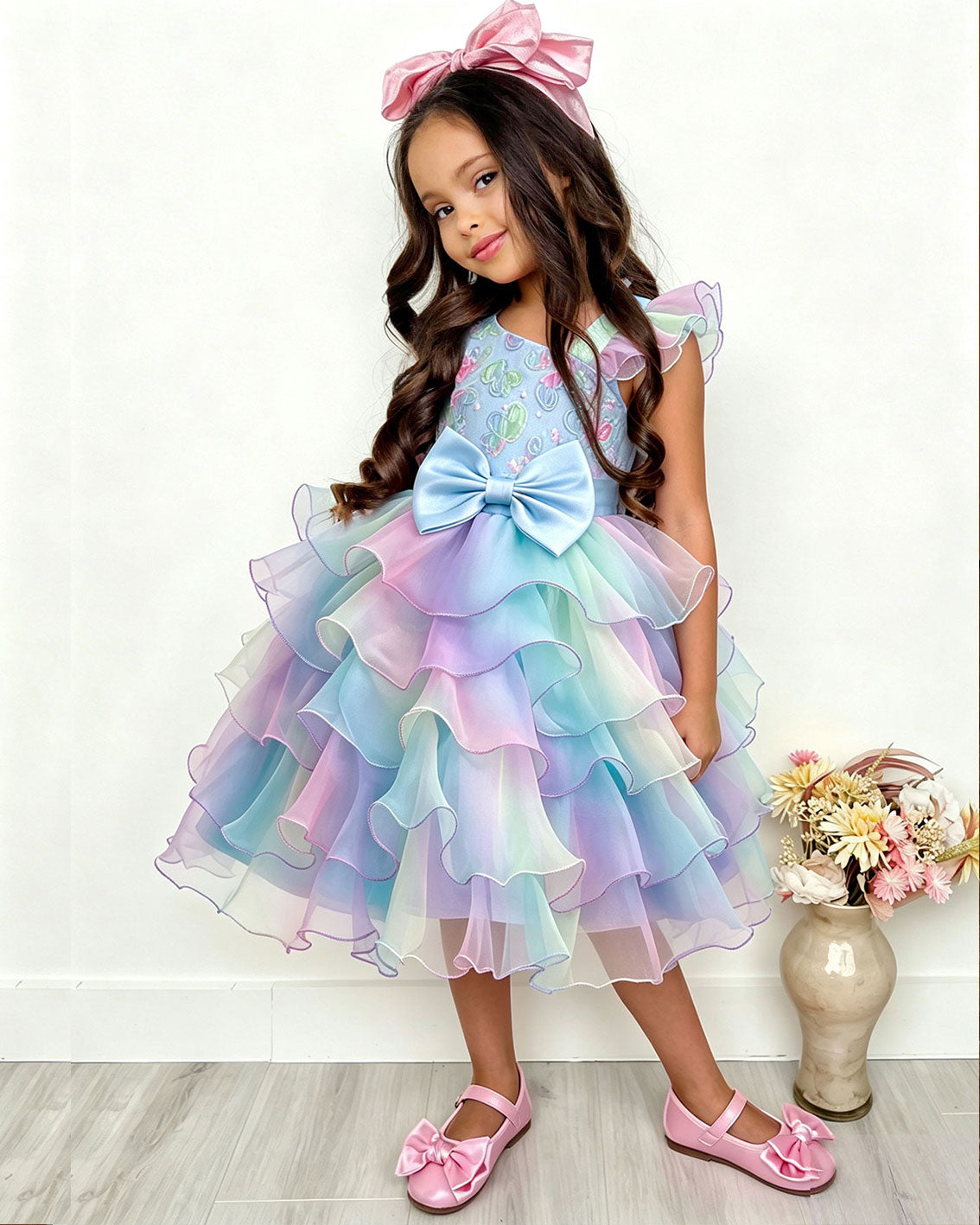 Rainbow Blue Gradient One Shoulder Heart Embroidery Tier Ruffle Dress