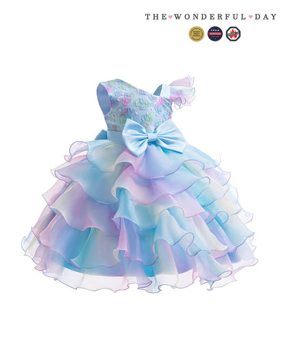 Rainbow Blue Gradient One Shoulder Heart Embroidery Tier Ruffle Dress