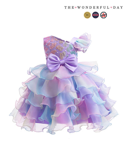 Rainbow Blue Gradient One Shoulder Heart Embroidery Tier Ruffle Dress