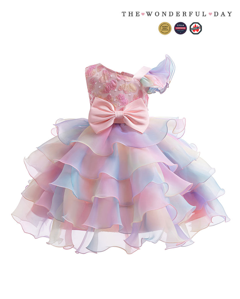 Rainbow Blue Gradient One Shoulder Heart Embroidery Tier Ruffle Dress