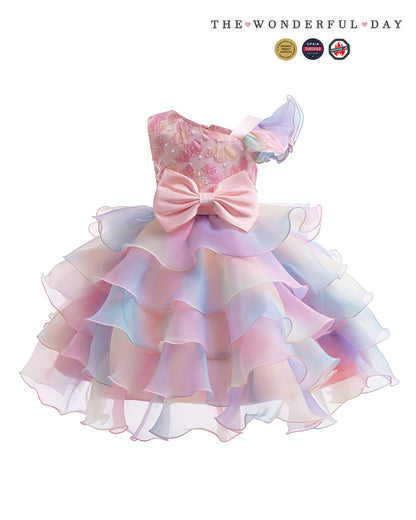 Rainbow Blue Gradient One Shoulder Heart Embroidery Tier Ruffle Dress