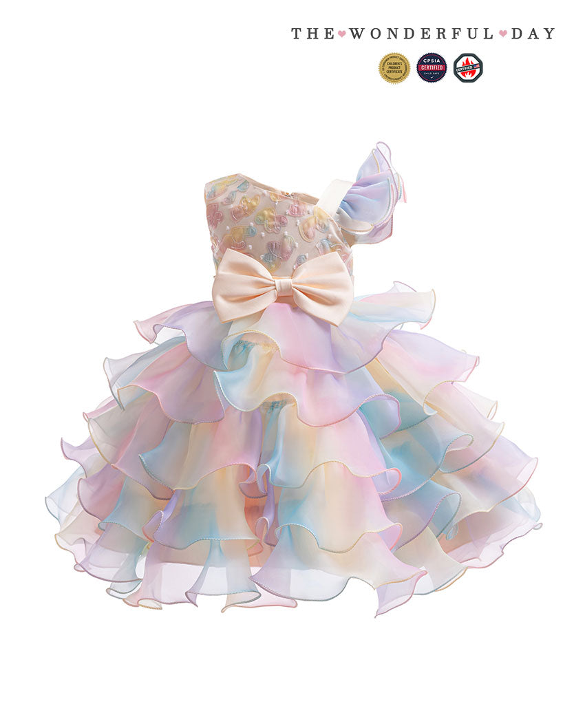 Rainbow Blue Gradient One Shoulder Heart Embroidery Tier Ruffle Dress