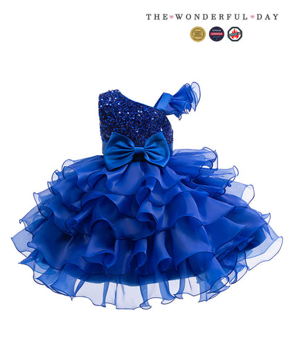 Rainbow Blue Gradient One Shoulder Heart Embroidery Tier Ruffle Dress