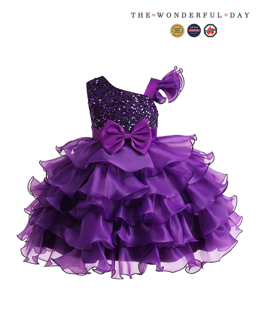 Rainbow Blue Gradient One Shoulder Heart Embroidery Tier Ruffle Dress