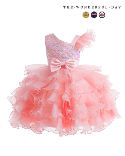Rainbow Blue Gradient One Shoulder Heart Embroidery Tier Ruffle Dress