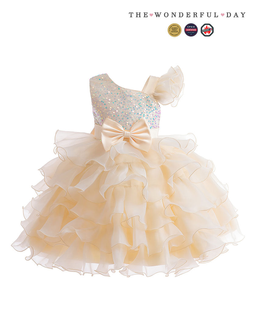Rainbow Blue Gradient One Shoulder Heart Embroidery Tier Ruffle Dress