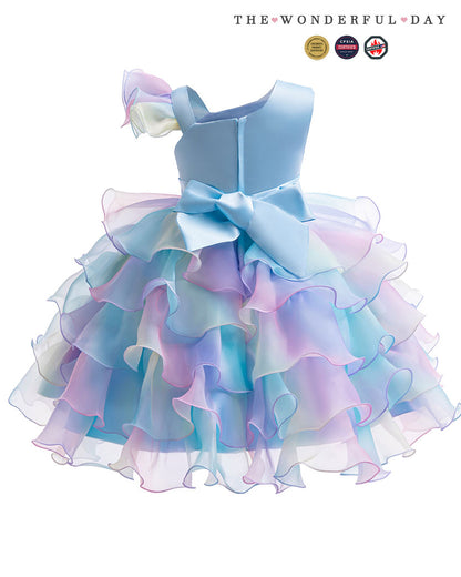 Rainbow Blue Gradient One Shoulder Heart Embroidery Tier Ruffle Dress