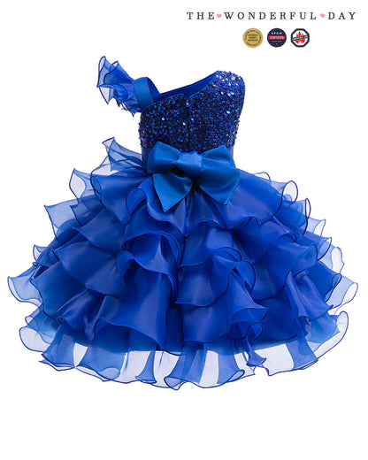 Rainbow Blue Gradient One Shoulder Heart Embroidery Tier Ruffle Dress