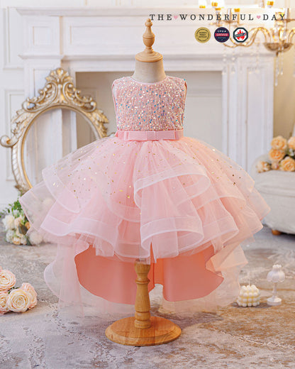 Queen Elsa-Inspired Sleeveless Sequin High-Low Tulle Princess Dress with Waist Bow