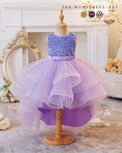 Queen Elsa-Inspired Sleeveless Sequin High-Low Tulle Princess Dress with Waist Bow