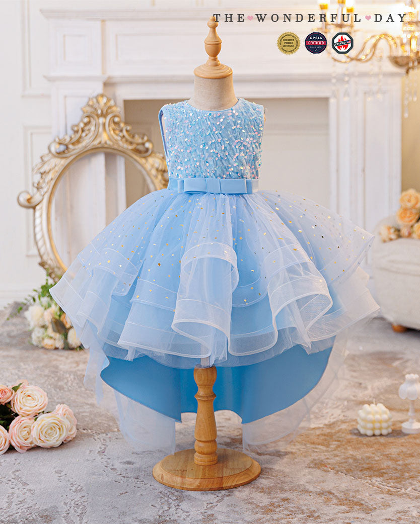 Queen Elsa-Inspired Sleeveless Sequin High-Low Tulle Princess Dress with Waist Bow