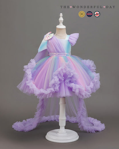Girls Elegant White One-Shoulder Sequin Tulle Dress with Long Train