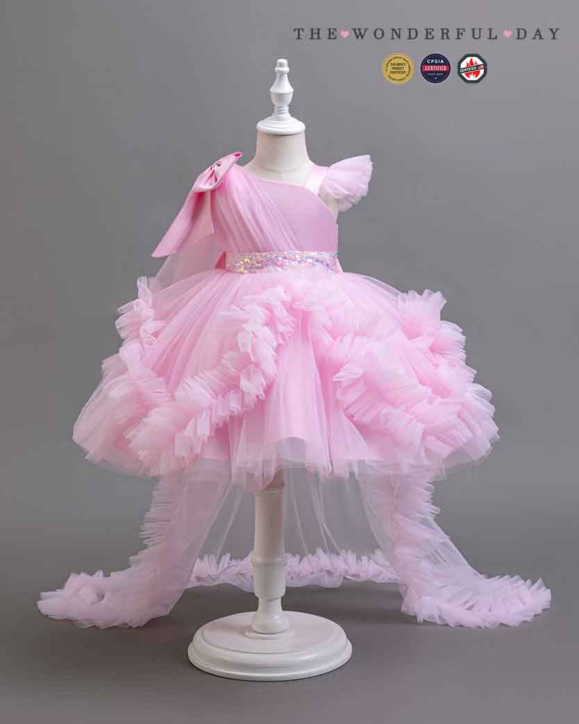 Girls Elegant White One-Shoulder Sequin Tulle Dress with Long Train