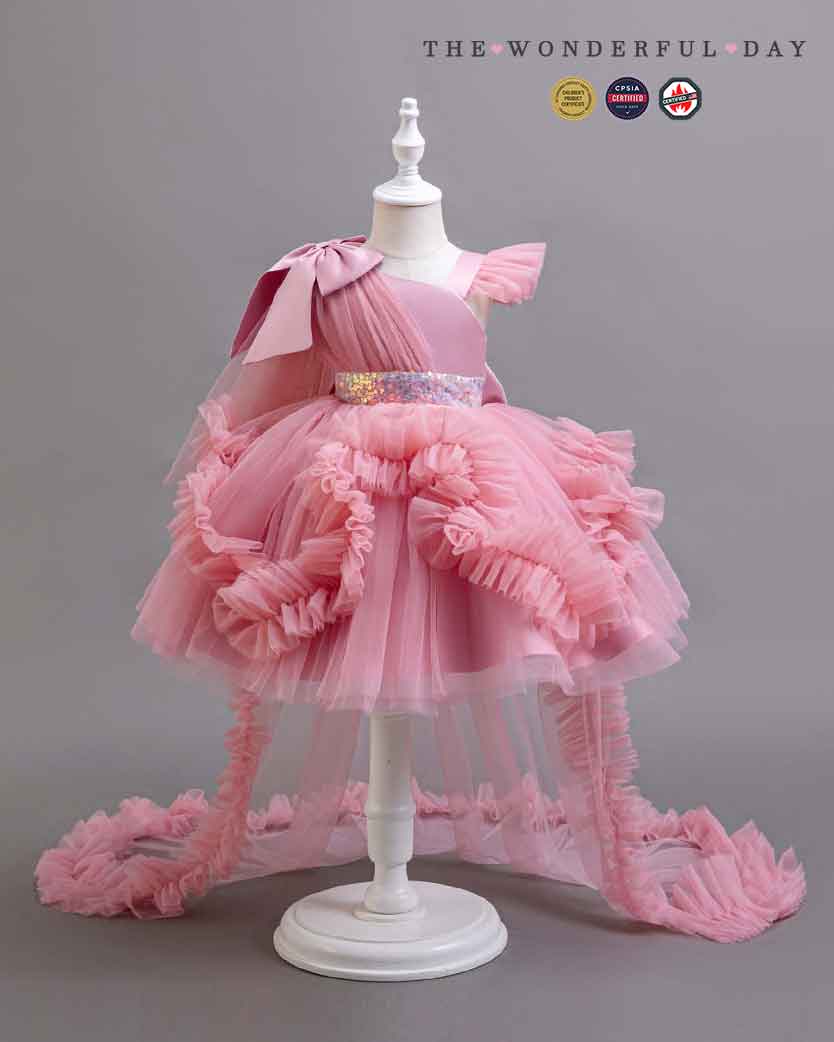 Girls Elegant White One-Shoulder Sequin Tulle Dress with Long Train
