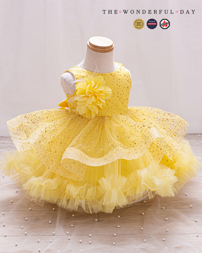 Girls Sleeveless Gold Speck 3D Flower Layer Tutu Dress