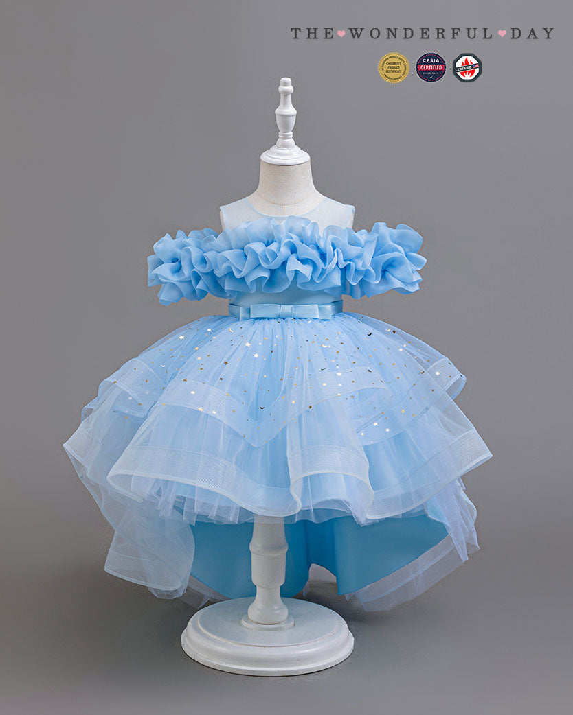 Girls Dreamy Star Print High-Low Tulle Princess Party Dress with Off-Shoulder Ruffles