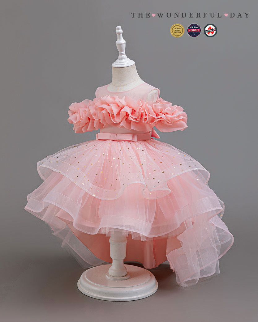 Girls Dreamy Star Print High-Low Tulle Princess Party Dress with Off-Shoulder Ruffles