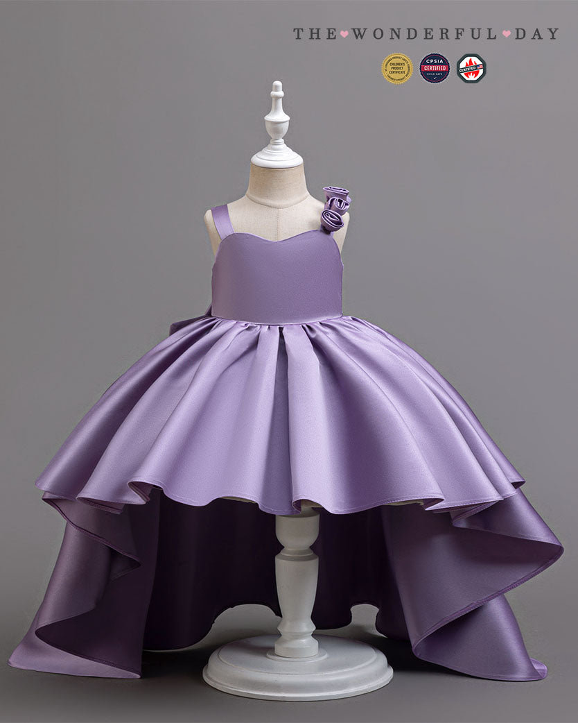 Lavender Satin Single Strap 3D Flower Hi-Low Trailing Dress