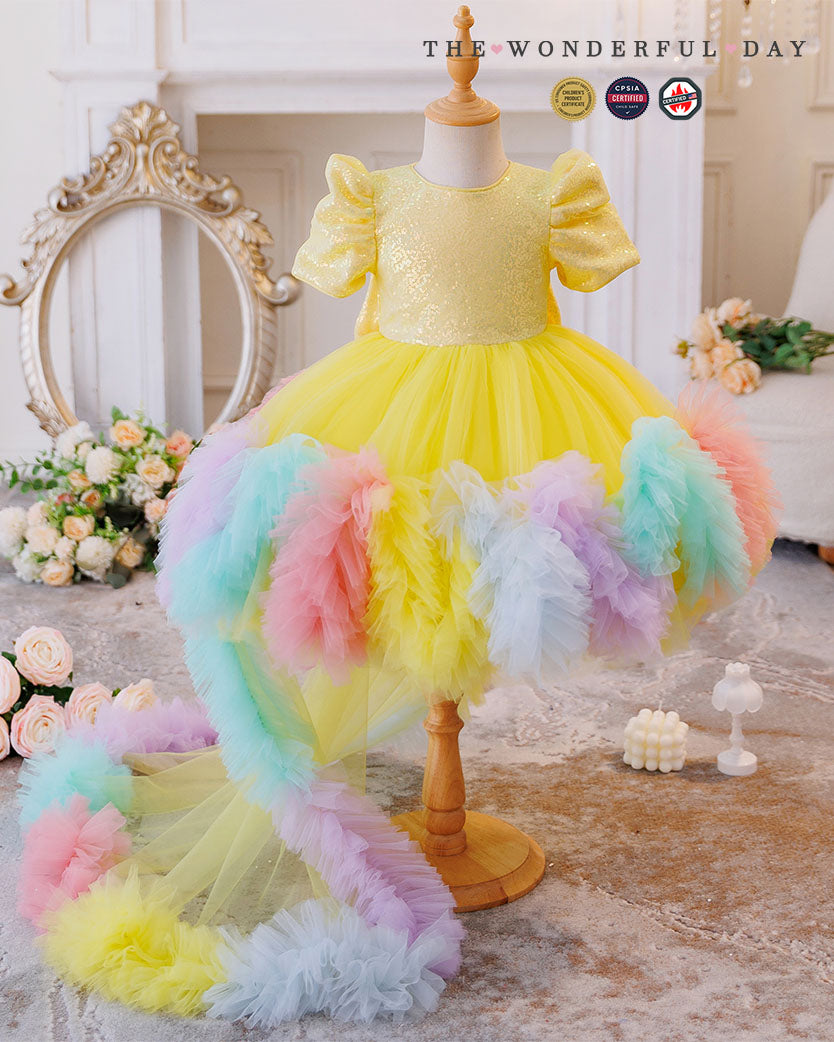 Rainbow Puff Sleeve Princess Tulle Dress with Train