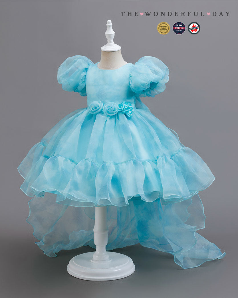 Girls Bubble Sleeve 3D Flower Hi-Low Organza Tutu Dress