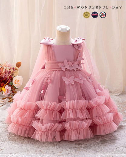 Sleeveless 3D Butterfly Tulle Princess Dress with Bow Shoulder Cape