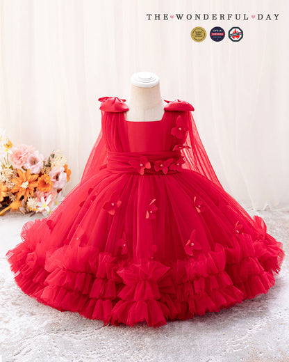 Sleeveless 3D Butterfly Tulle Princess Dress with Bow Shoulder Cape