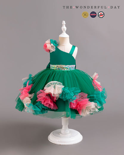 Turquoise Irregular Strap Sequin Waistband Colorful Pom Frill Princess Gown