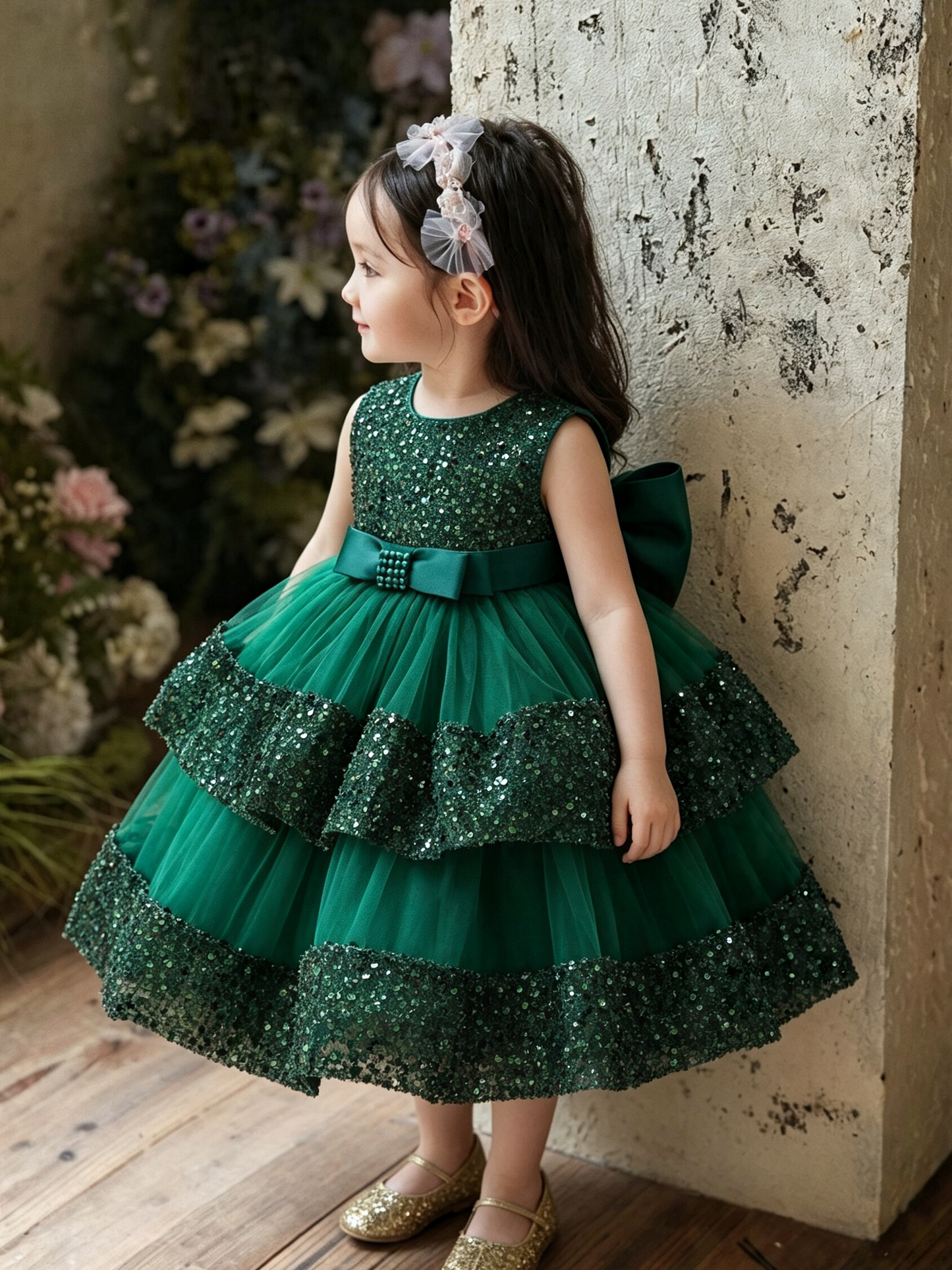 Girls Luxury Couture Sleeveless Sequin Tiered Tulle Ball Gown
