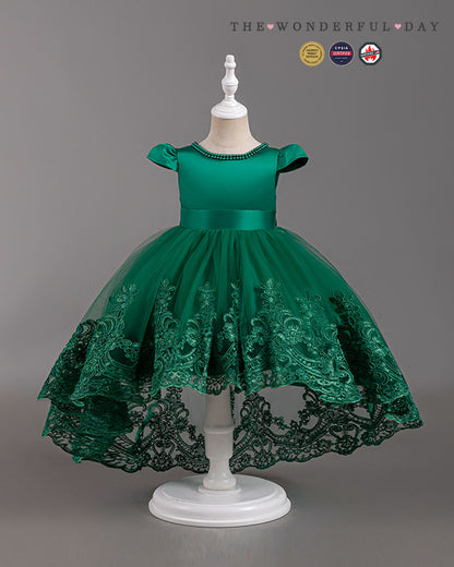 Elegant Girls Short Sleeve Lace High-Low Tulle Princess Dress