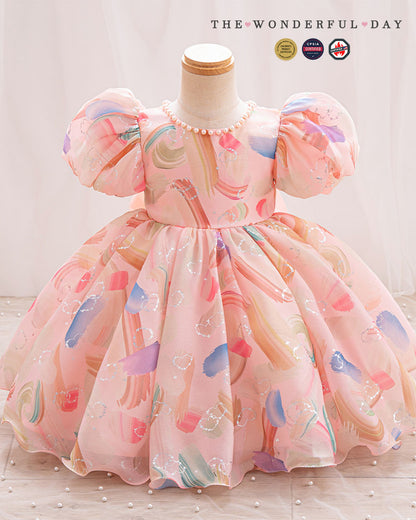 Girls Playful Watercolor Brushstroke Puff Sleeve Tulle Princess Party Dress
