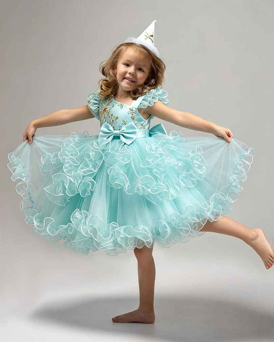 Girls Luxury Gold Embroidered One-Shoulder Tulle Princess Gown with Ruffle Layers & Matching Headband