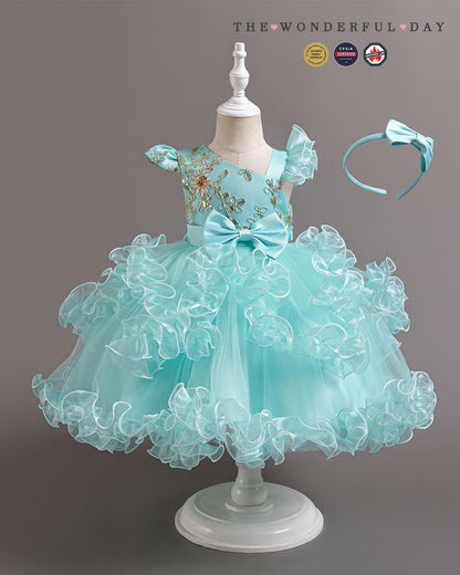 Girls Luxury Gold Embroidered One-Shoulder Tulle Princess Gown with Ruffle Layers & Matching Headband