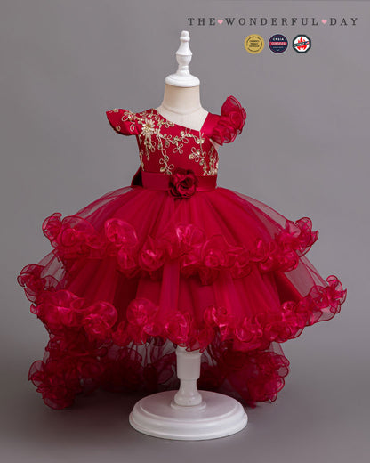 Luxury Asymmetric Sleeve Gold Embroidered High-Low Tulle Princess Dress with Rose Ruffle Layers