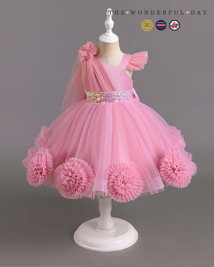 Floral Tulle Asymmetric Strap Party Dress