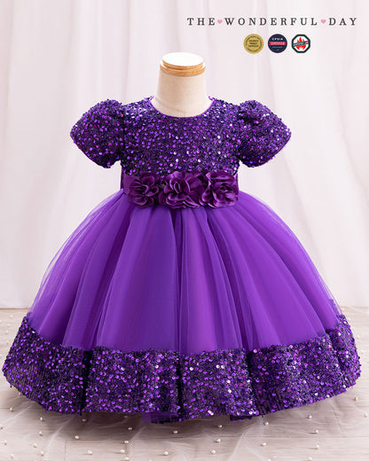 Iridescent Sequin Hem Puff Sleeve Party Dress