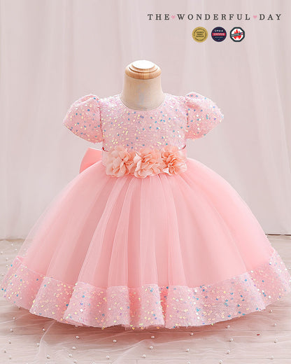 Iridescent Sequin Hem Puff Sleeve Party Dress
