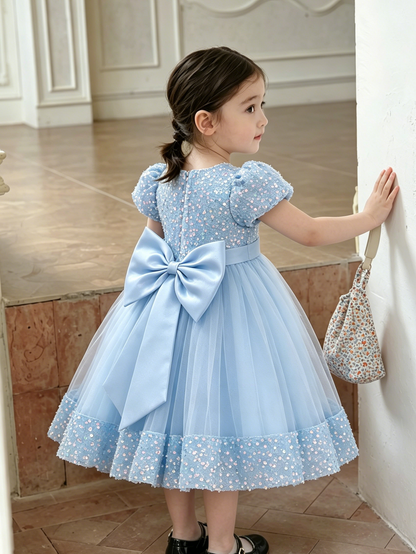 Iridescent Sequin Hem Puff Sleeve Party Dress